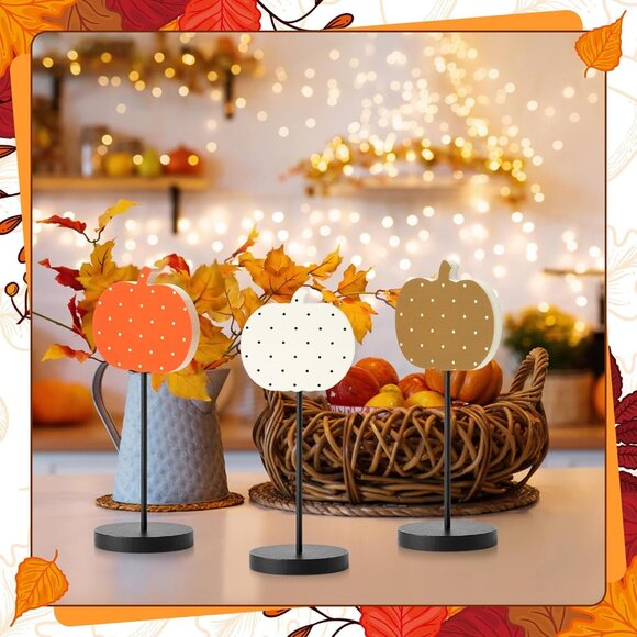 3Pcs Fall Thanksgiving Orange White Brown Pumpkin Reversible Wood Tall decor - Picture 4 of 7